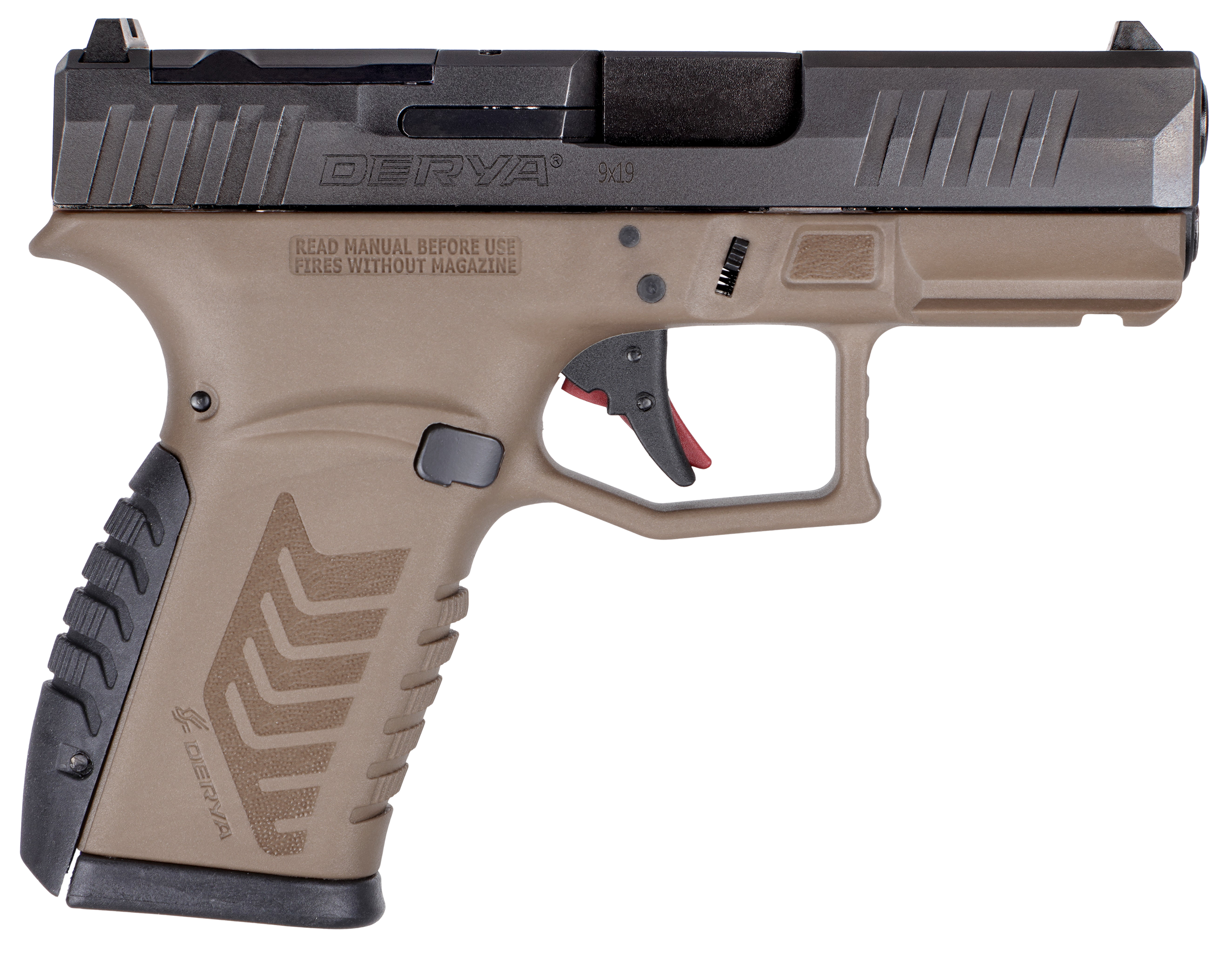 Derya DY9Z Brown 9mm 3.5 in. Black Slide - Proven 15+1 Micro Compact Pistol 3 Derya DY9Z Brown 9mm micro compact pistol with brown frame and black slide, left side profile