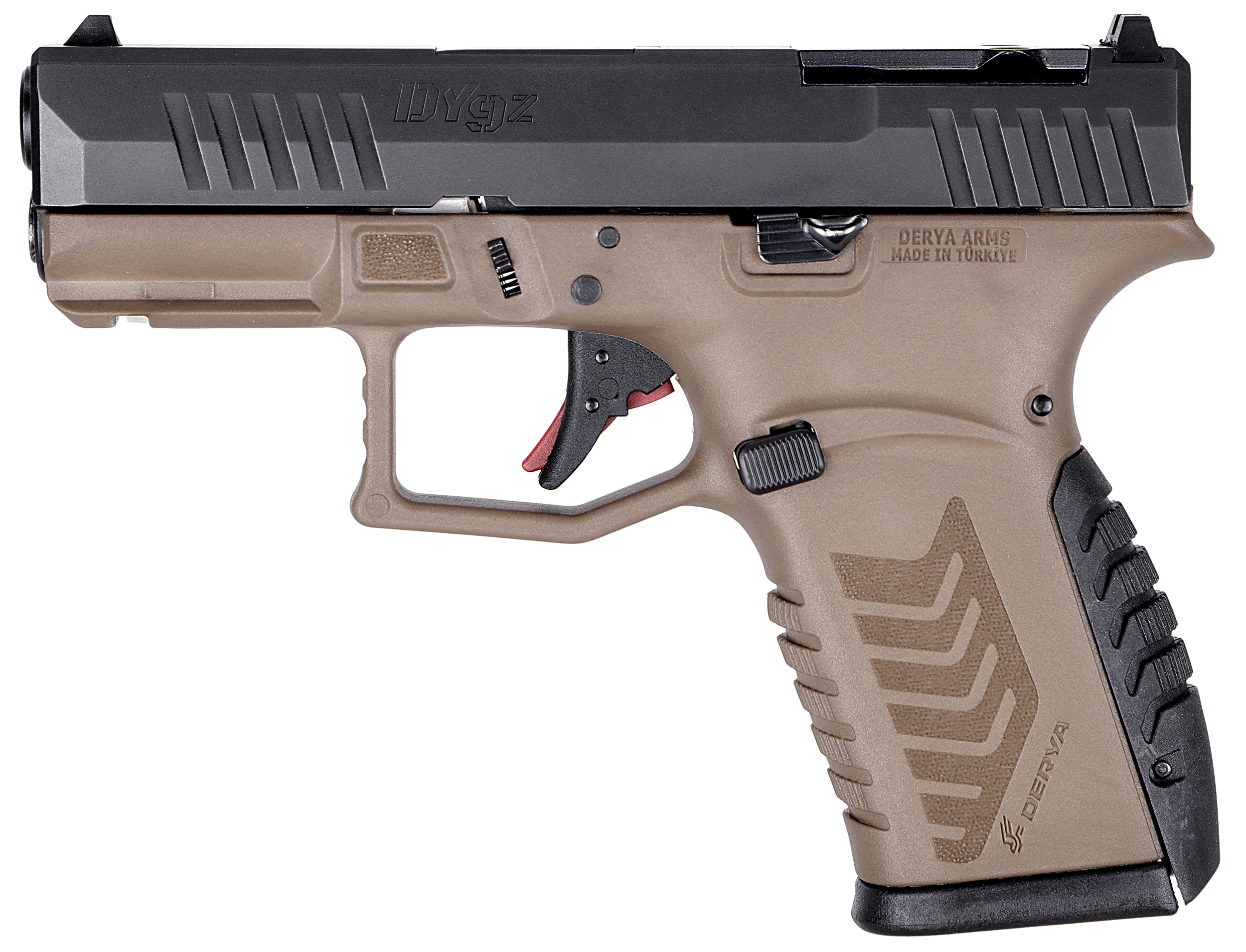 Derya DY9Z Brown 9mm 3.5 in. Black Slide - Proven 15+1 Micro Compact Pistol 4 Derya DY9Z Brown 9mm micro compact 9mm pistol shown from the right side
