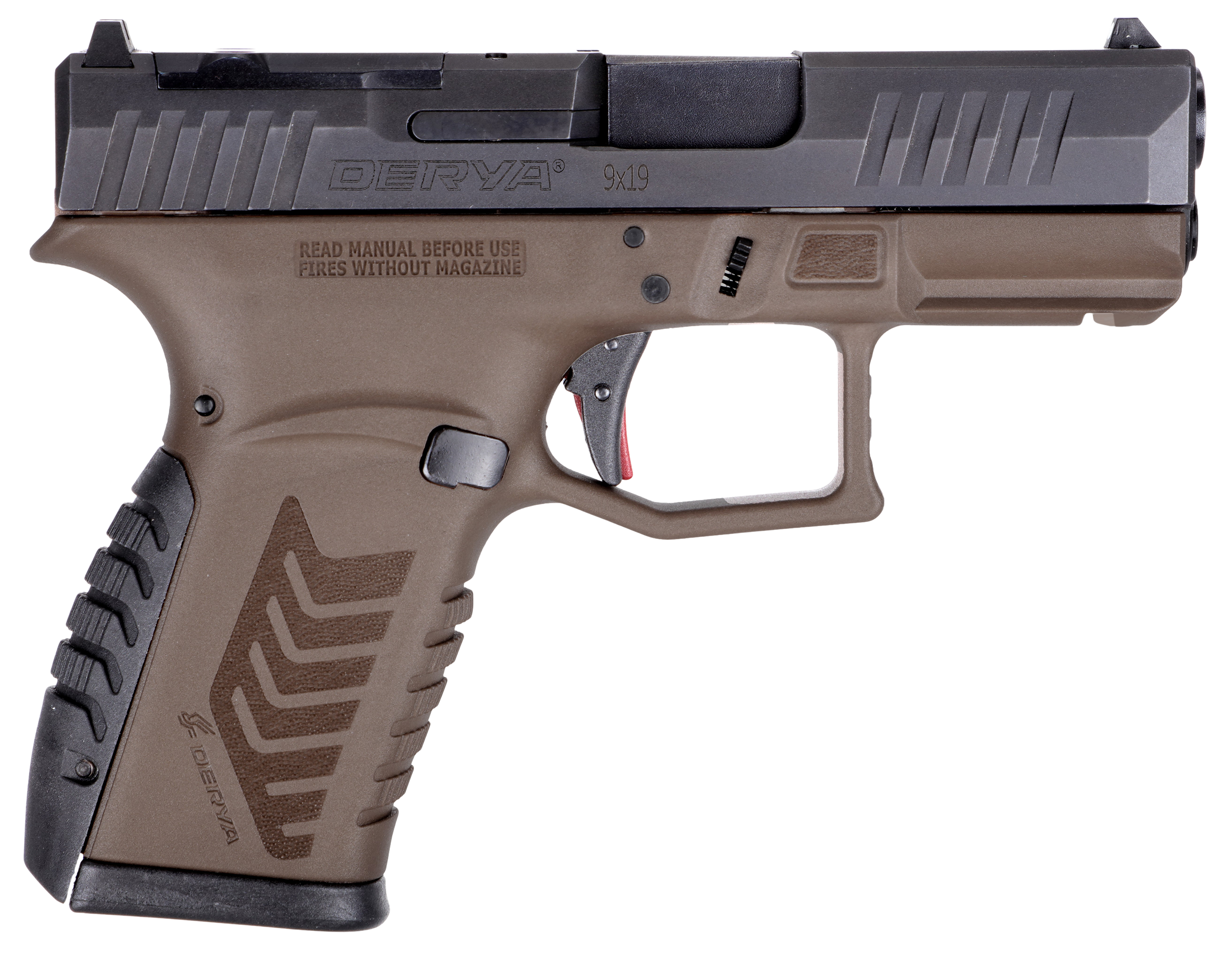 Derya DY9Z Bronze 9mm micro compact pistol with bronze frame and black slide, left side profile