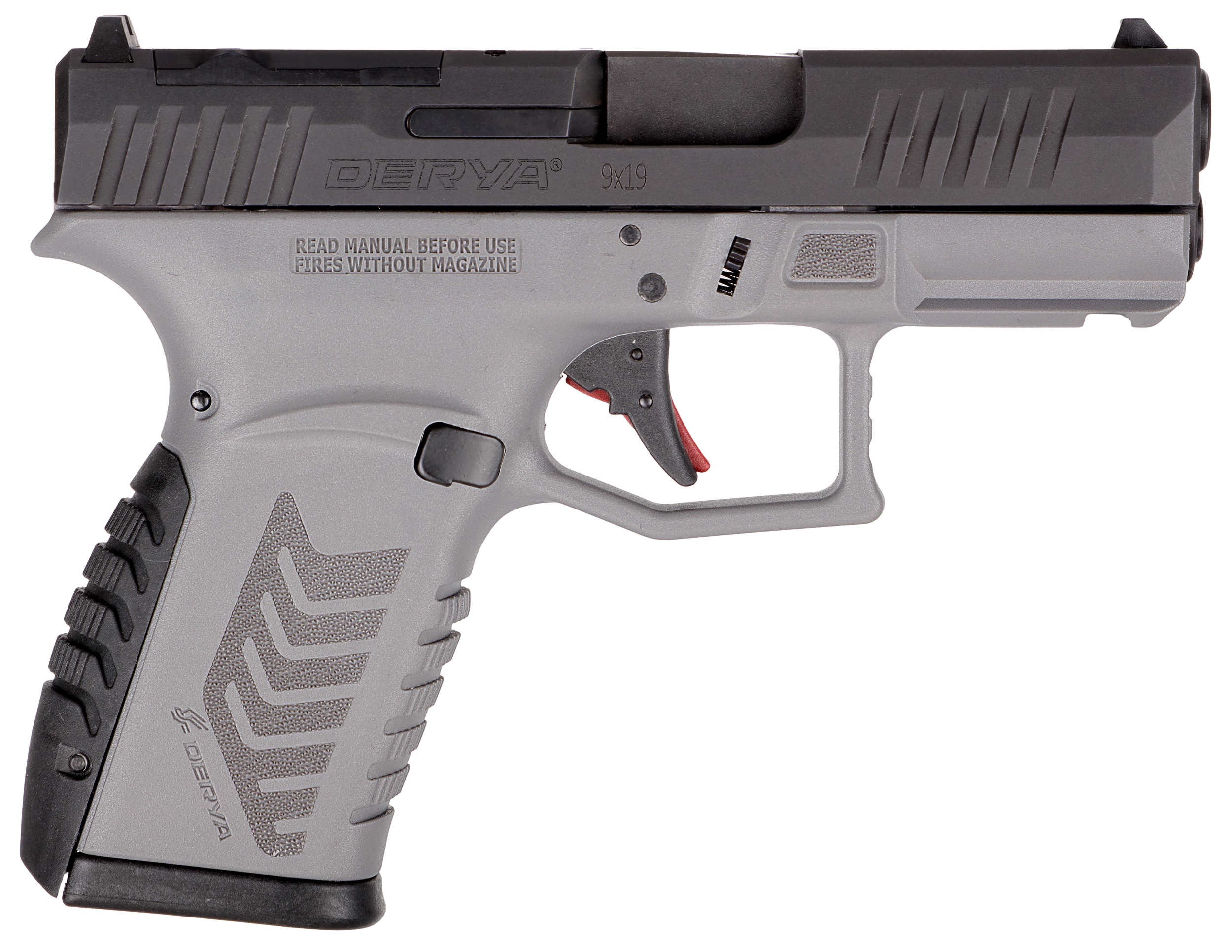 Derya DY9Z Gray 9mm micro compact pistol with gray frame and black slide, left side profile