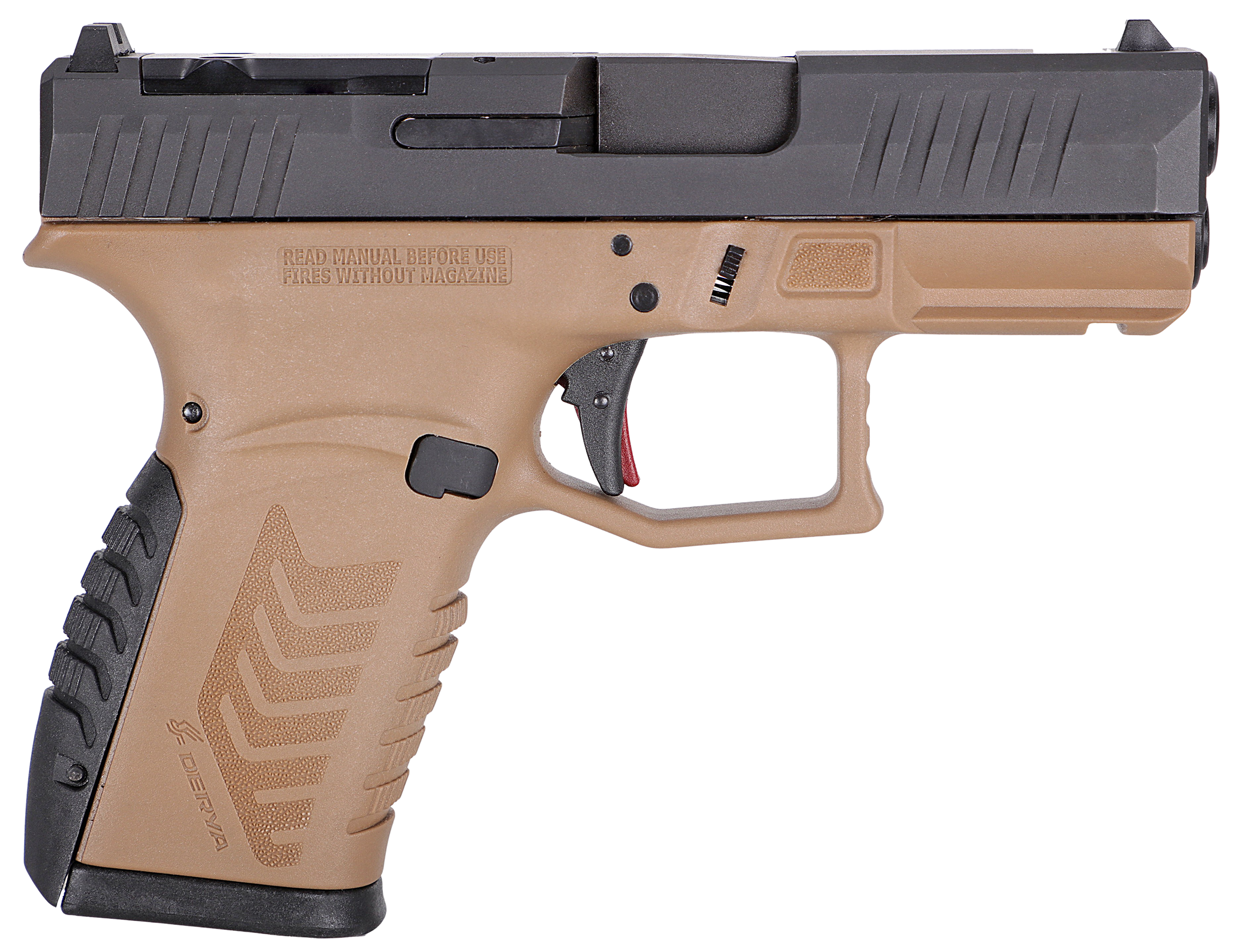 Derya DY9Z FDE 9mm 3.5 in. - Superb 15+1 Micro Compact Optic Ready Pistol 3 Derya DY9Z FDE micro compact 9mm pistol with Flat Dark Earth frame and black slide, left side profile