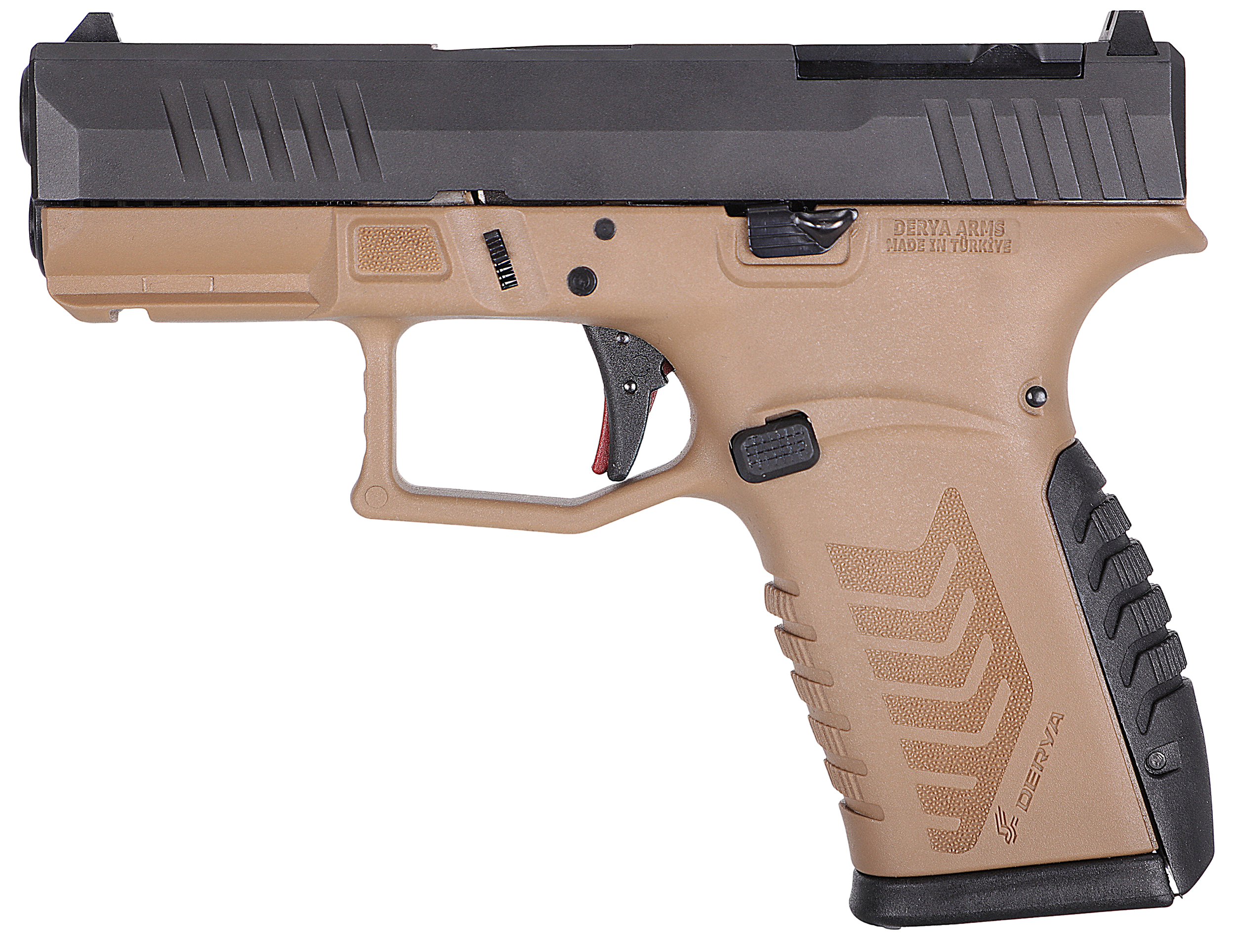 Derya DY9Z FDE 9mm 3.5 in. - Superb 15+1 Micro Compact Optic Ready Pistol 4 Derya DY9Z FDE micro compact 9mm pistol shown from the right side with the Flat Dark Earth frame