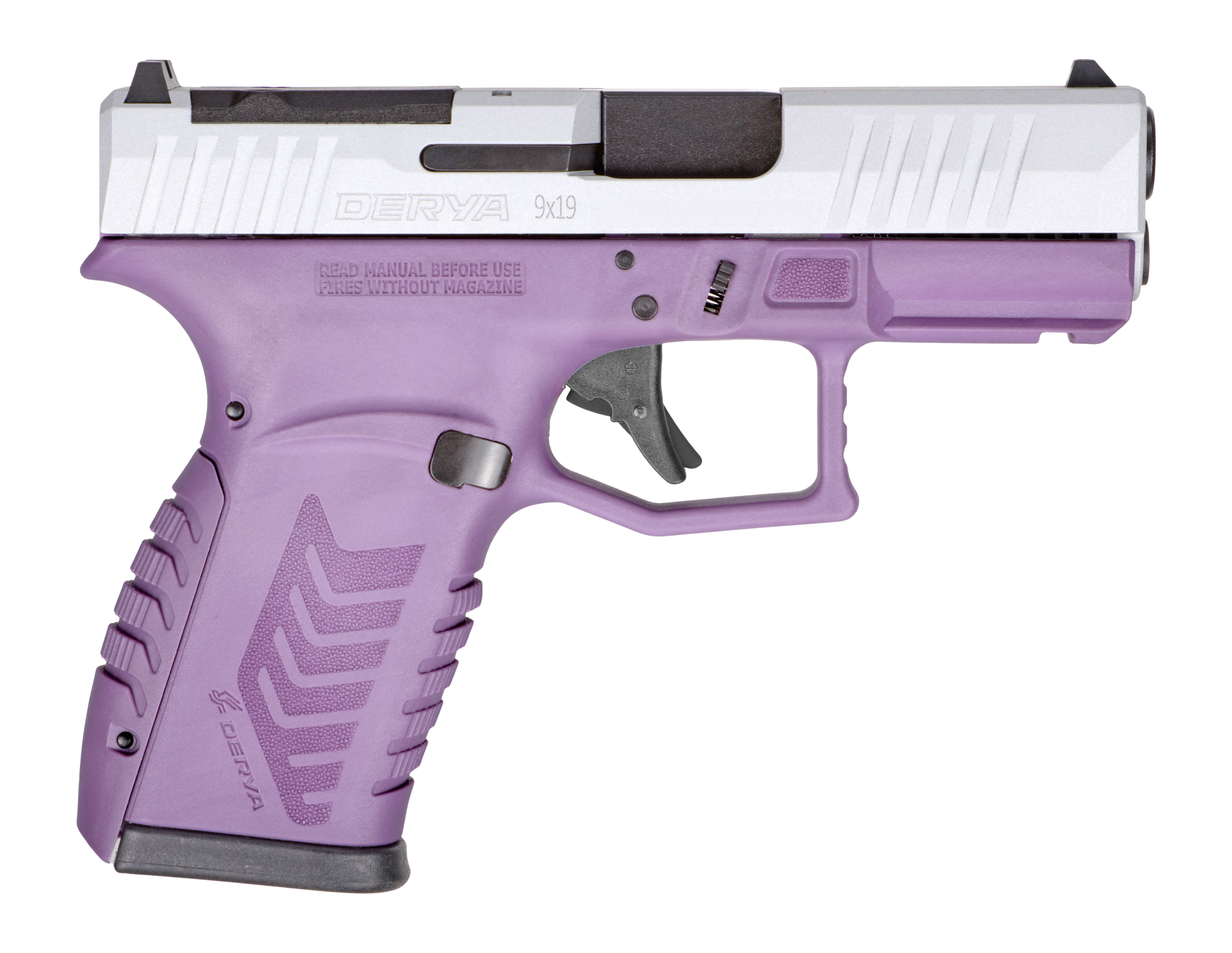 Derya DY9Z Purple Silver 9mm 3.5 in. - Superb 15+1 Micro Compact Optic Ready Pistol 2 Derya DY9Z Purple Silver micro compact 9mm pistol with silver slide and purple frame, left side profile