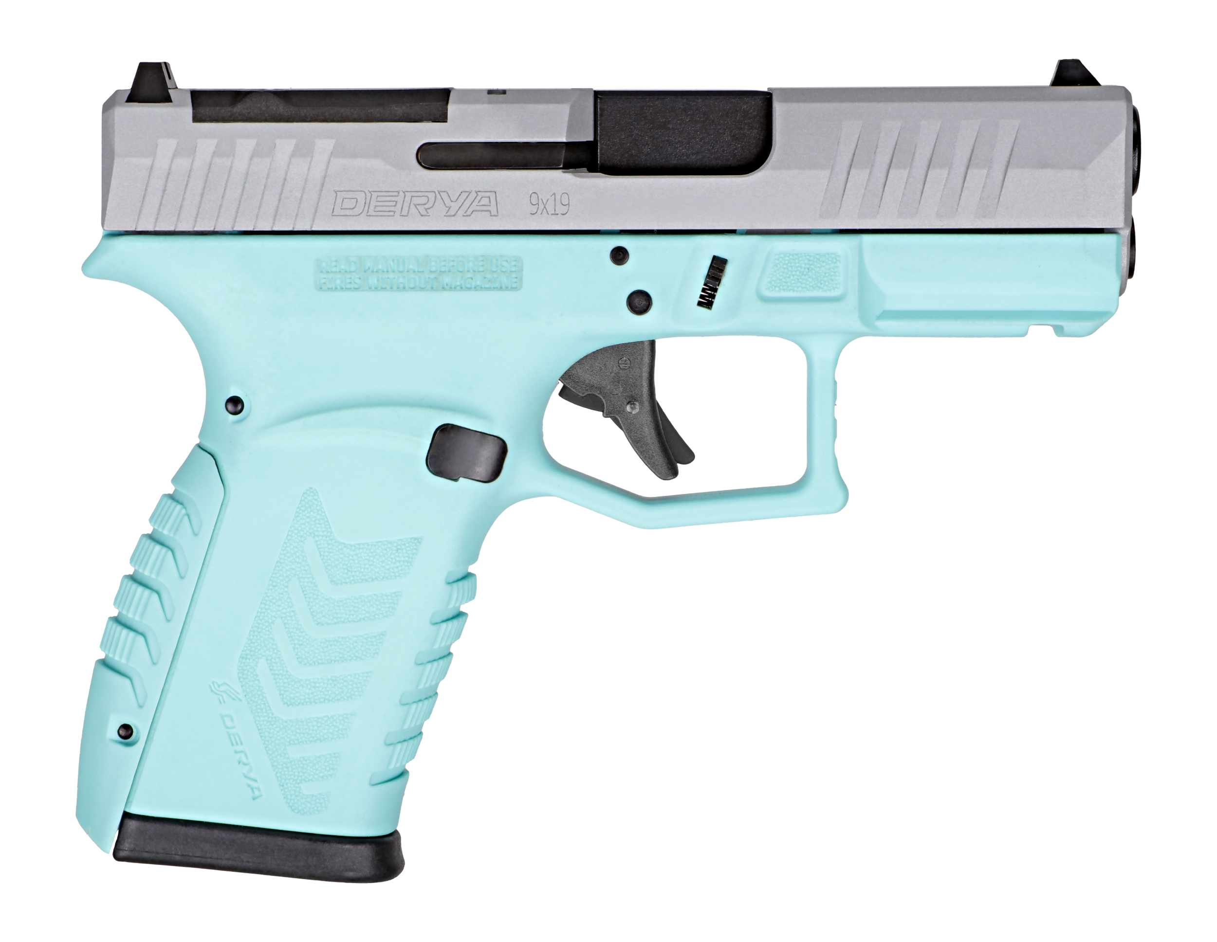 Derya DY9Z Blue Silver micro compact 9mm pistol with silver slide and blue frame, left side profile