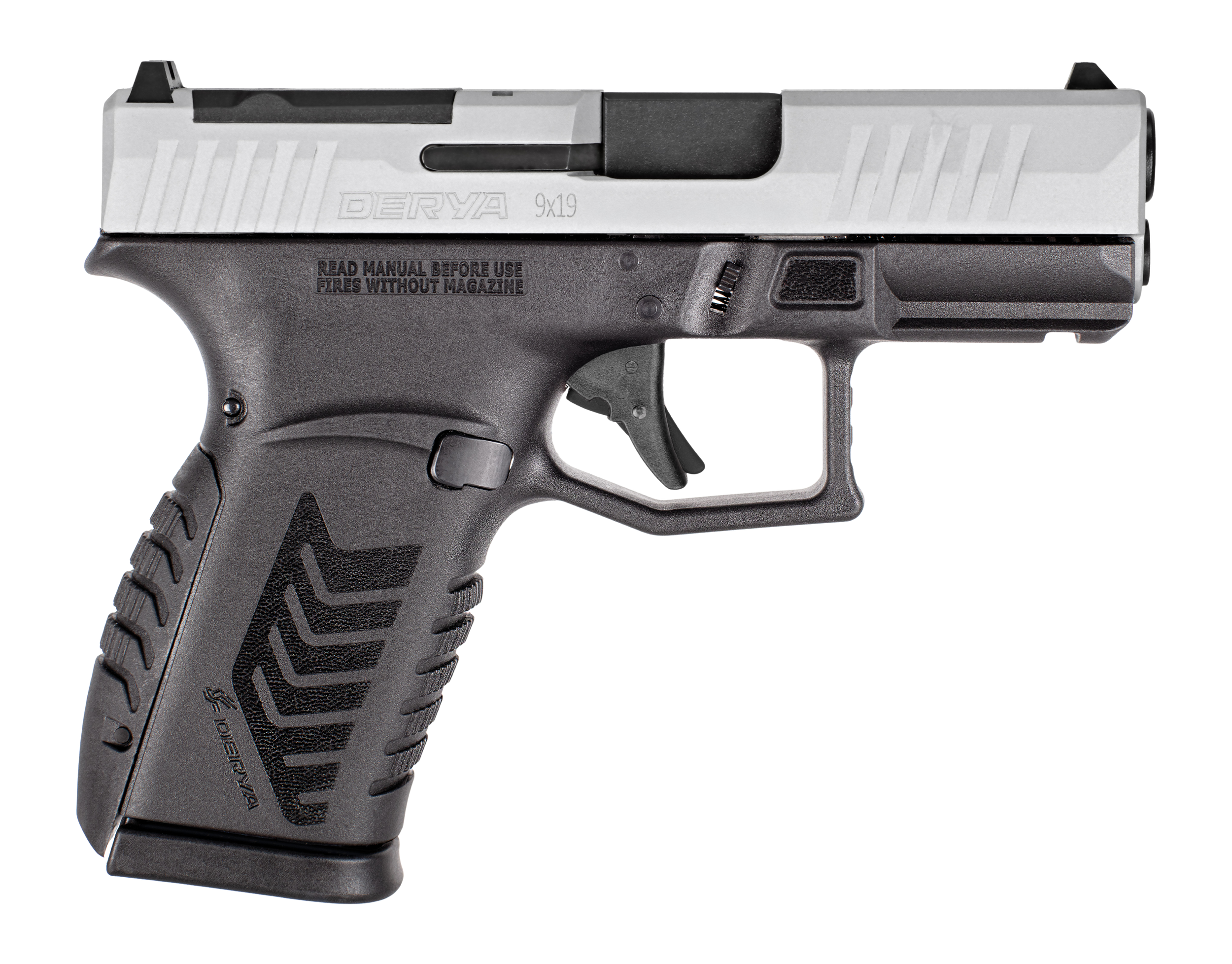 Derya DY9Z Black Silver micro compact 9mm pistol with silver slide and black frame, left side profile