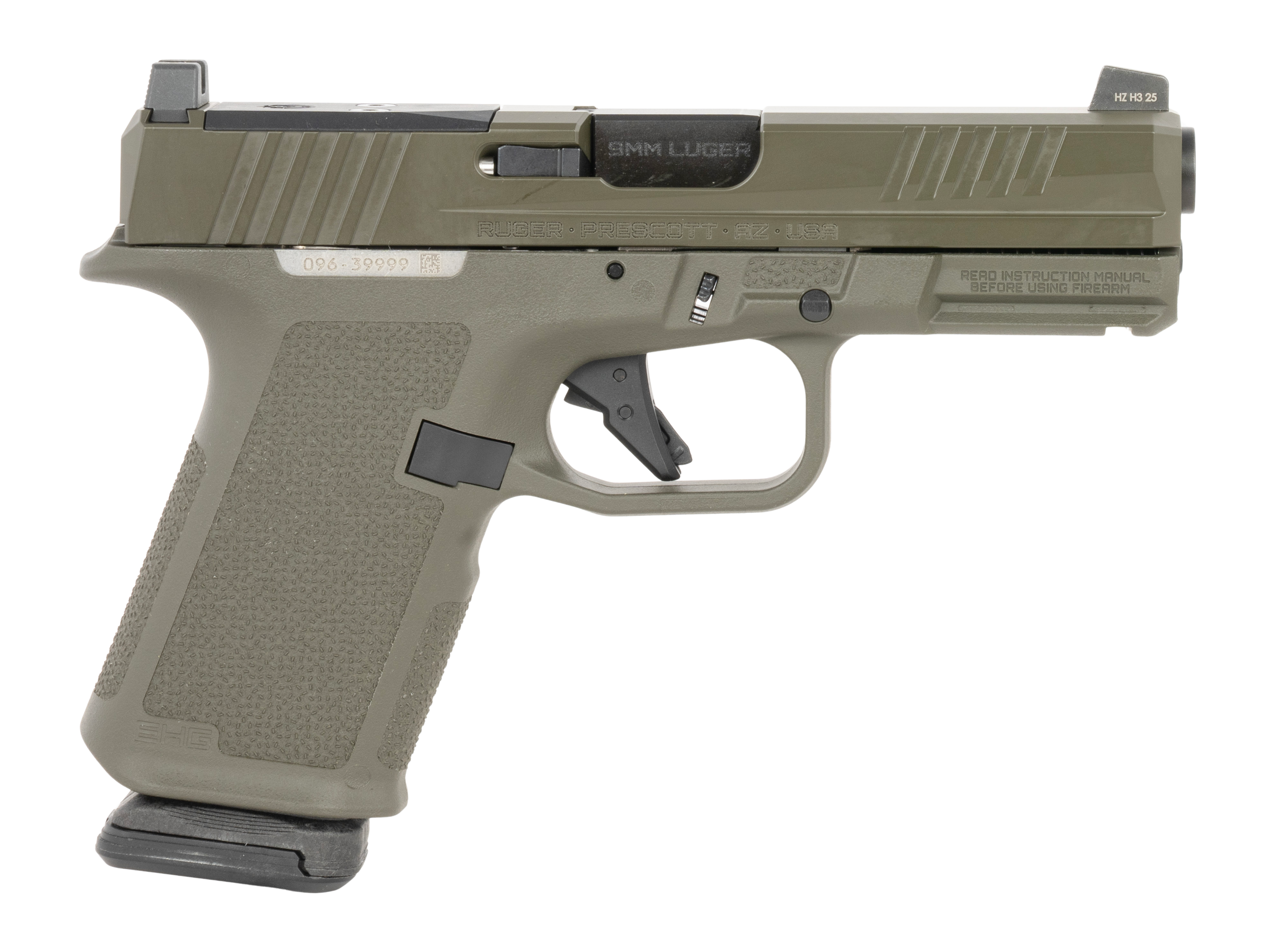 Ruger RXM 9mm OD Green 4 in. - Superb Optic Ready 15+1 Compact Pistol 4 Ruger RXM 9mm OD Green compact 9mm pistol in OD Green with optic ready slide, right side profile