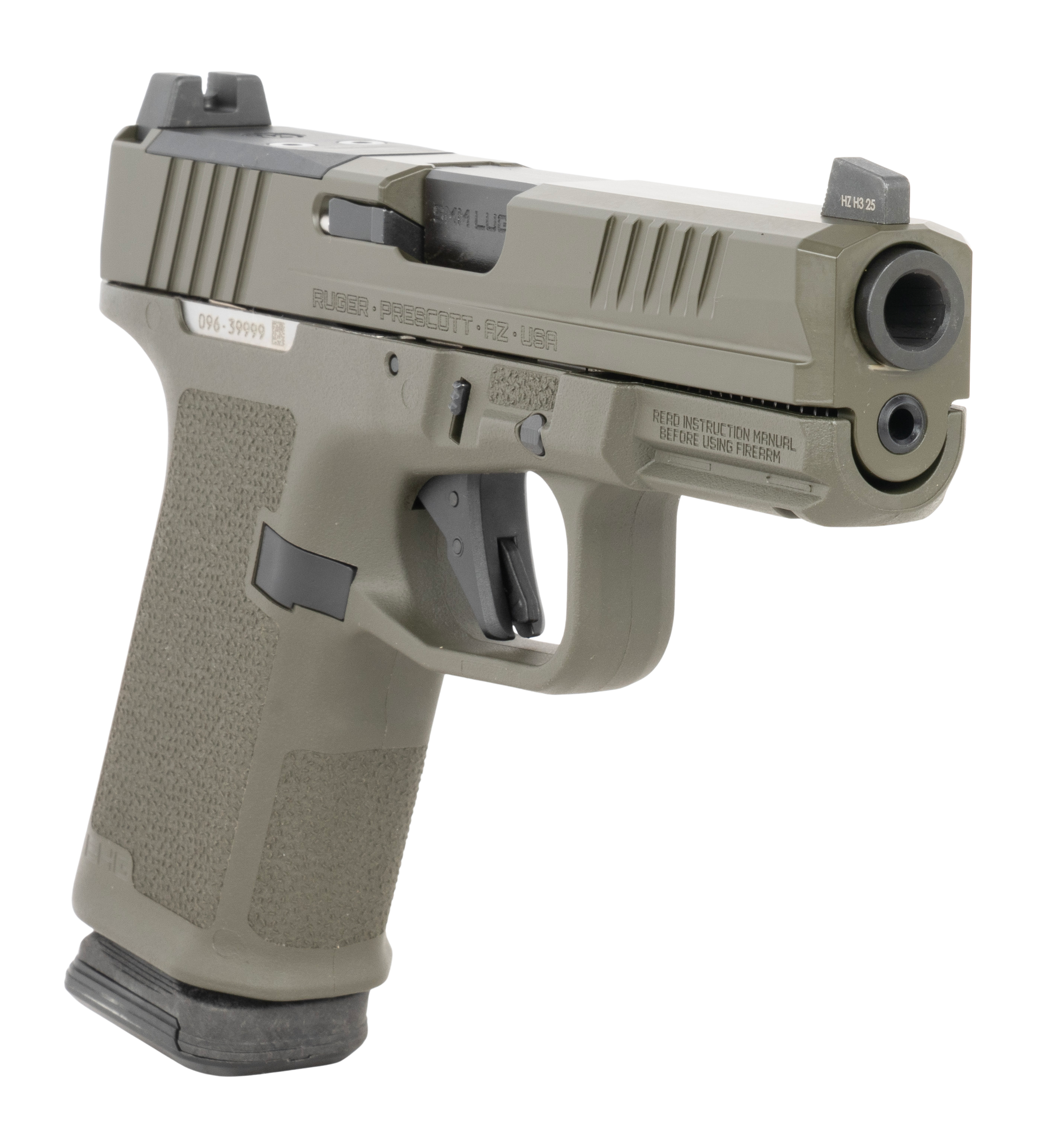 Ruger RXM 9mm OD Green 4 in. - Superb Optic Ready 15+1 Compact Pistol 5 Ruger RXM 9mm OD Green pistol shown from the front right with the optic cut and accessory rail