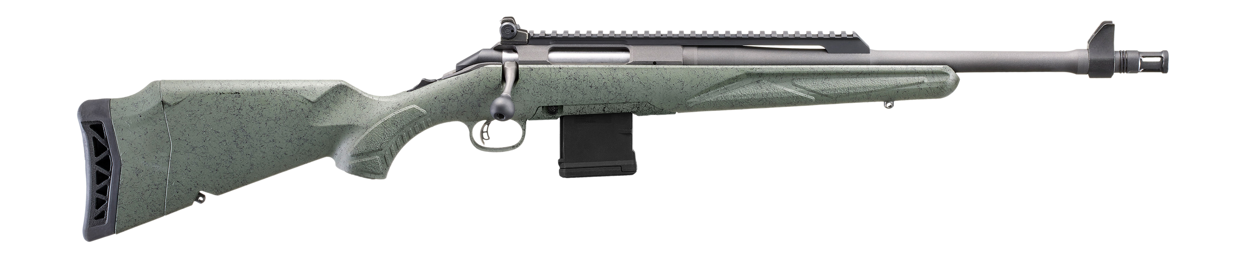 Ruger American Generation II Scout 5.56 NATO Bolt-Action Rifle 16.1 in. 10+1 Leaf Green - Superb Threaded Scout 2 Ruger American Generation II Scout 5.56 NATO rifle, left side, Cobalt Cerakote barrel and Leaf Green splatter stock