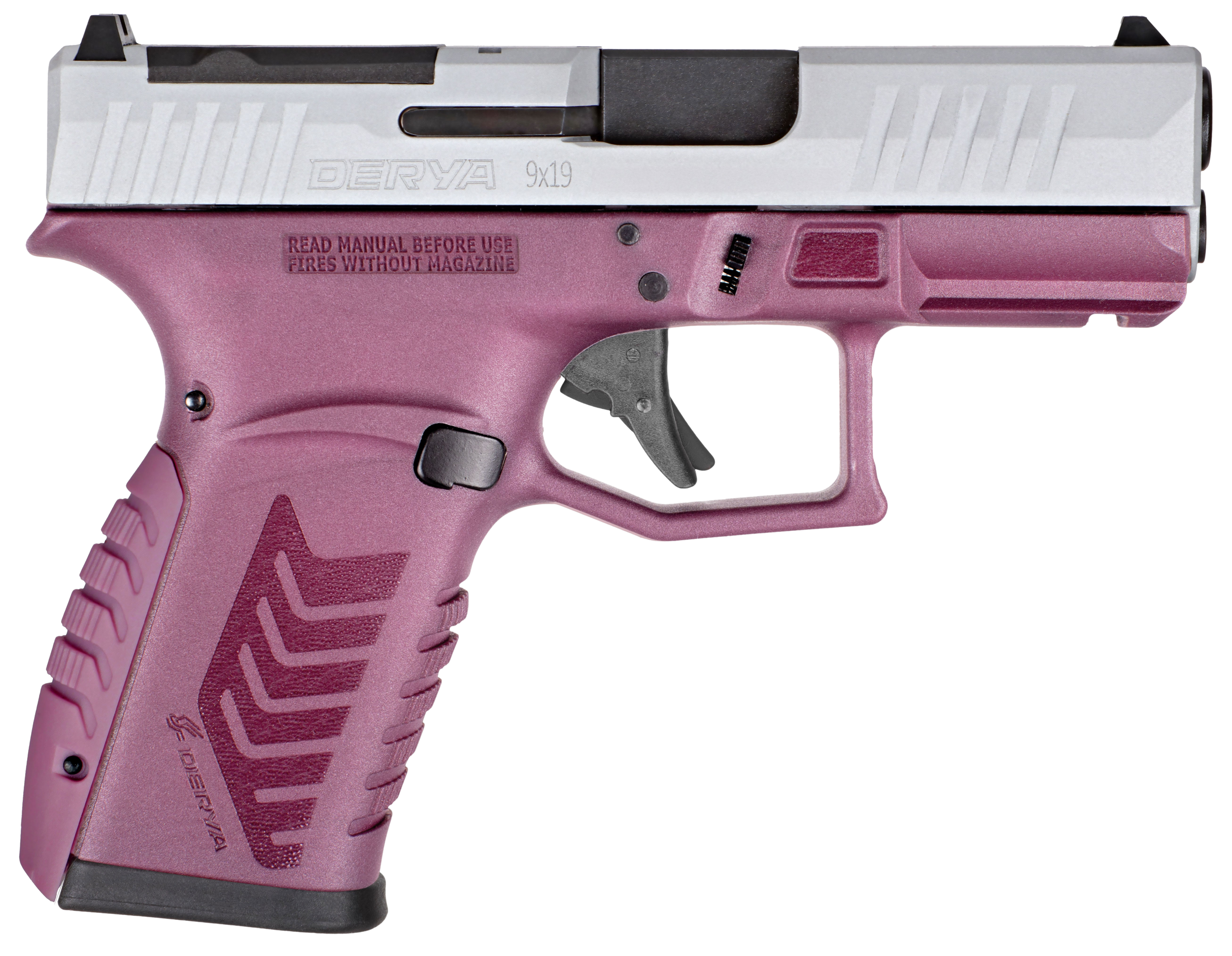 Derya DY9Z Black Cherry Silver micro compact 9mm pistol with silver slide and black cherry frame, left side profile