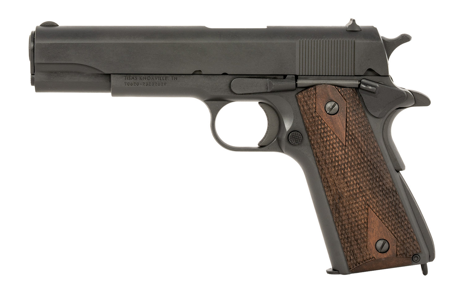 Tisas 1911 A1 US Army 45 ACP Pistol 5.02 in. 7+1 Walnut Grips - Superb GI Pattern Reproduction 5 Tisas 1911 A1 US Army right side, showing the GI slide serrations and the thumb safety
