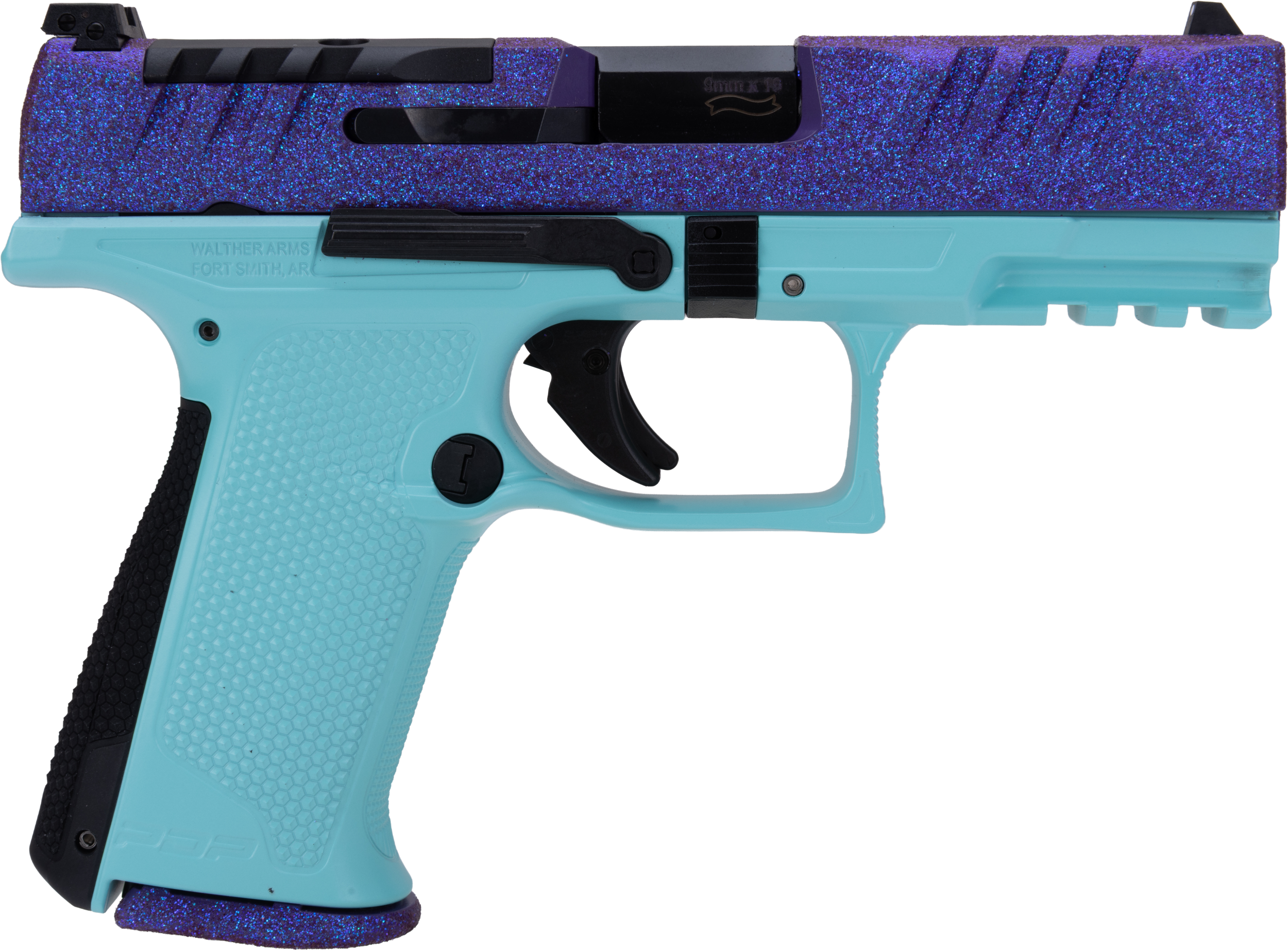 Walther PDP F-Series Voodoo Mermaid 9mm 4 in. - Superb 15+1 Optic Ready Pistol 4 Walther PDP F-Series Voodoo Mermaid 9mm pistol with violet blue slide and teal frame, right side profile