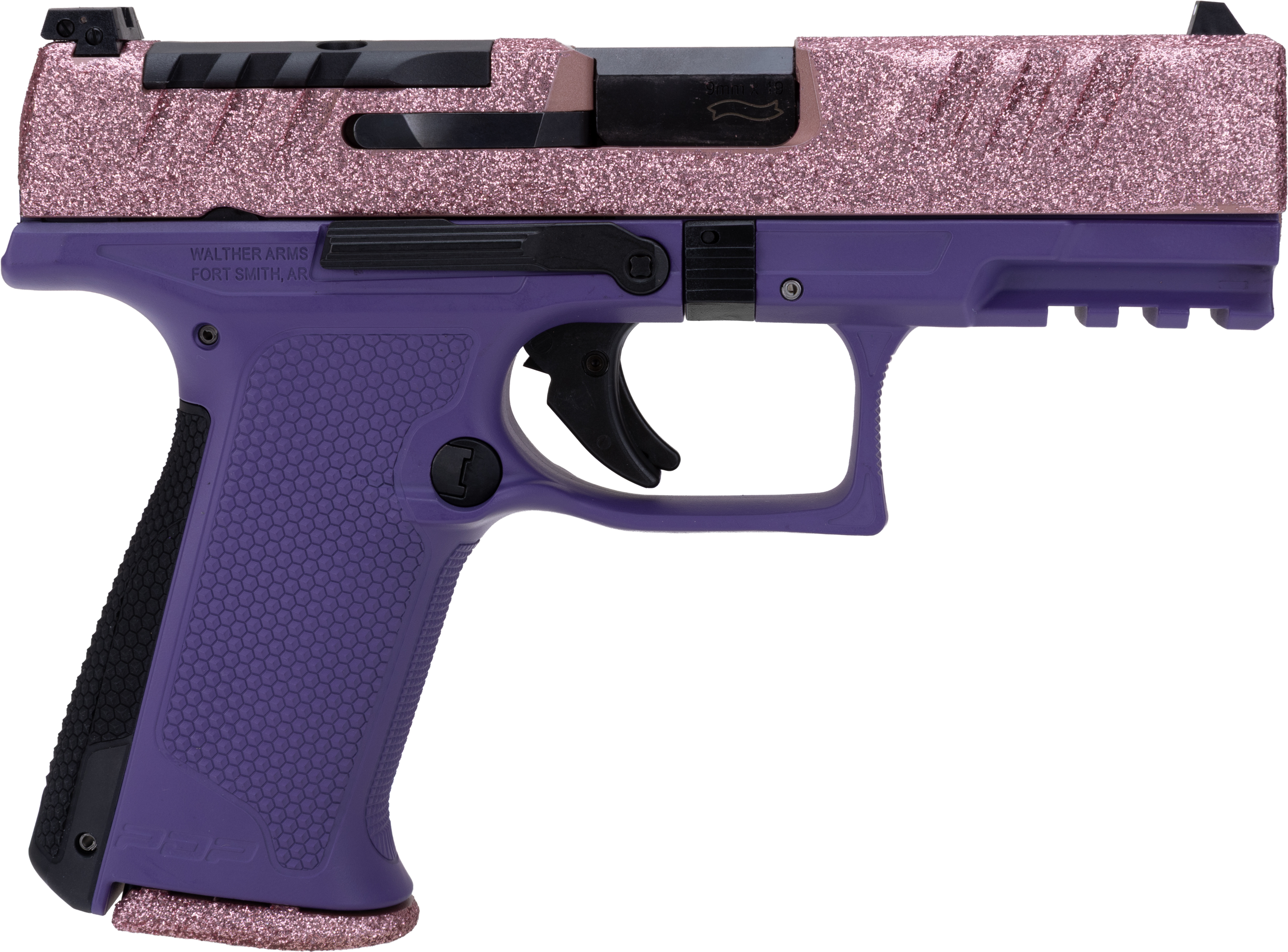Walther PDP F-Series Voodoo Rose Gold 9mm 4 in. - Proven 15+1 Optic Ready Pistol 4 Walther PDP F-Series Voodoo Rose Gold 9mm pistol with rose gold slide and violet frame, right side profile
