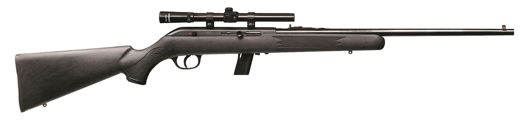 Savage 64 FXP 22 LR Semi-Auto Rifle 21 in. 10-Round with Scope - Superb First Rifle Value 2 Savage 64 FXP 22 LR semi-automatic rifle with the 4x15 scope mounted, left side, black synthetic stock