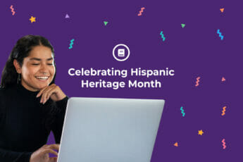 Latinx-Hispanic woman smiling as she uses a laptop in front of a purple background that says "Celebrating Hispanic Heritage Month: