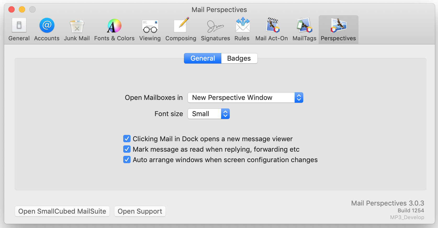 alt "Plugin preferences in Mail preferences in the Mail Perspectives tab"