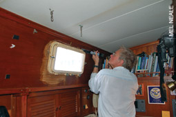 Bob Touton gave us numerous jewels of advice, the most important of which was to celebrate each time you got an old porthole out. Bob Touton gave us numerous jewels of advice, the most important of which was to celebrate each time you got an old porthole out.