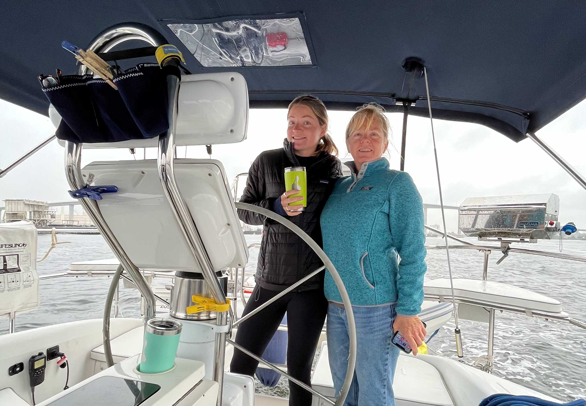 Allie and Debbie Alsup aboard their Catalina 380 Endeavour, during a run down the Intracoastal Waterway.