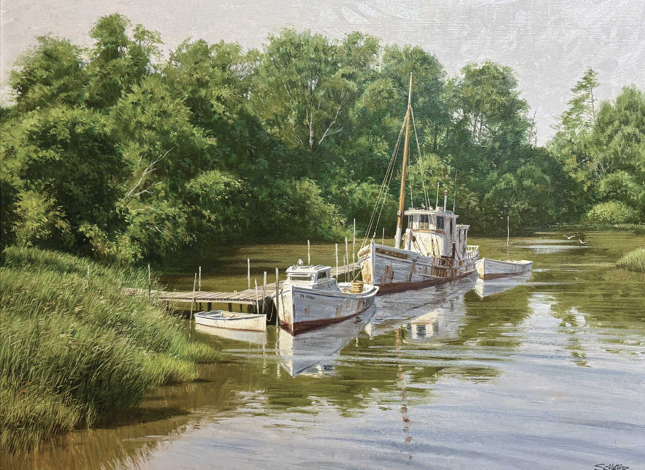 A painting of boats docked in a quiet scene