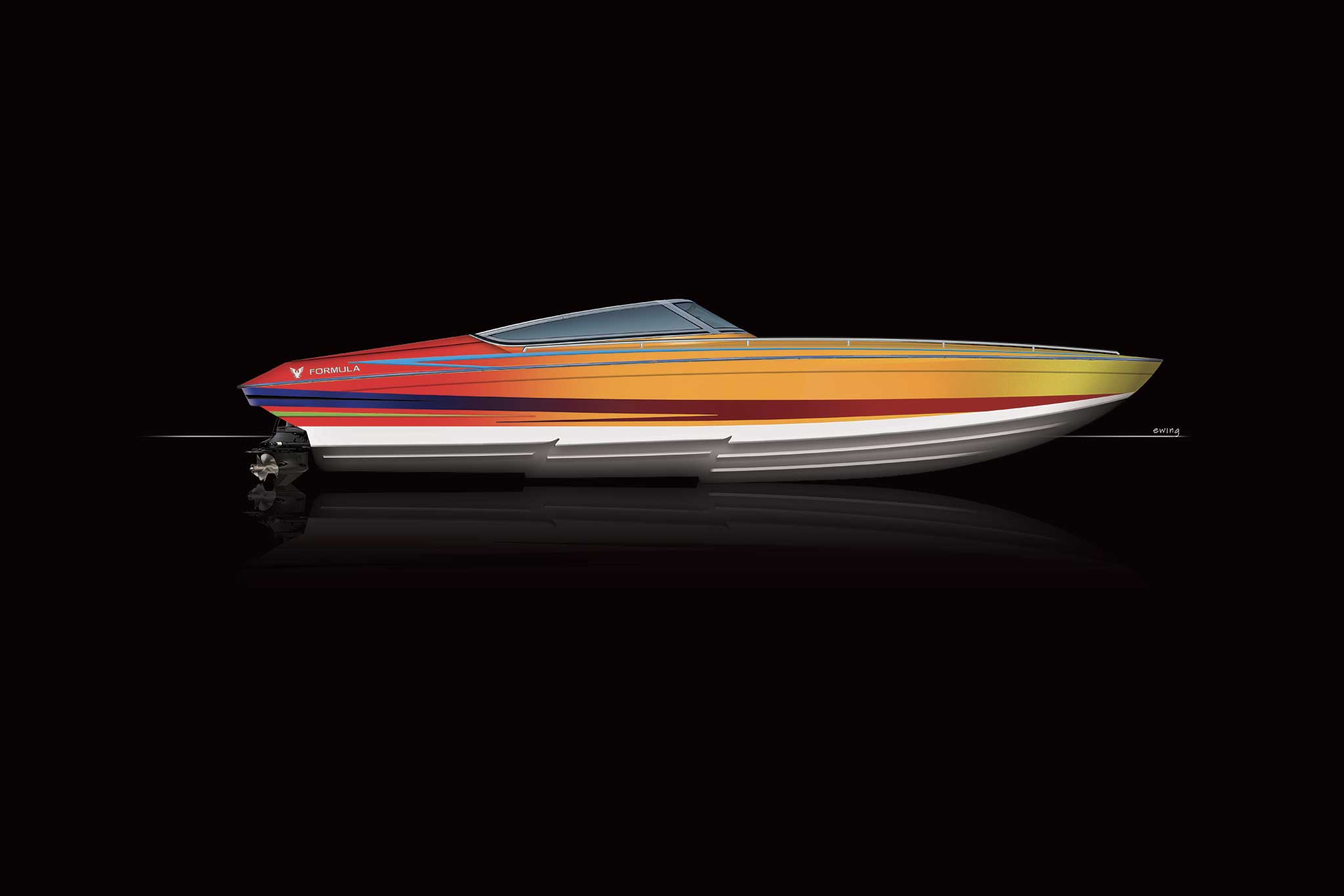 An illustration of a fast looking red, yellow and orange boat with a black background.