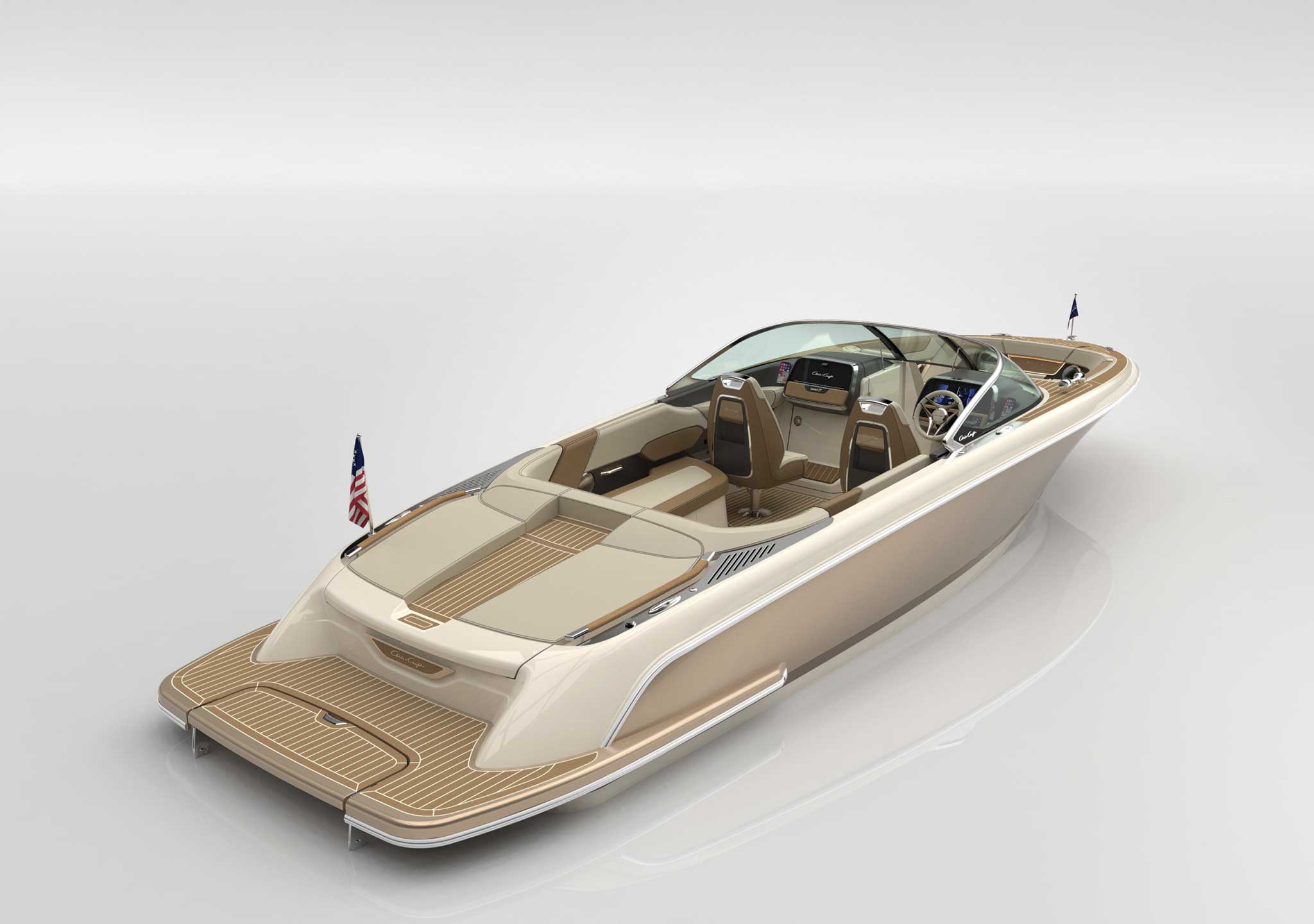 aft-quarter-center-walkover-exposed The Chris-Craft Launch 27 is one of the award-winning boats that was lauded for integrating thoughtful design from stem to stern. Courtesy Chris Craft