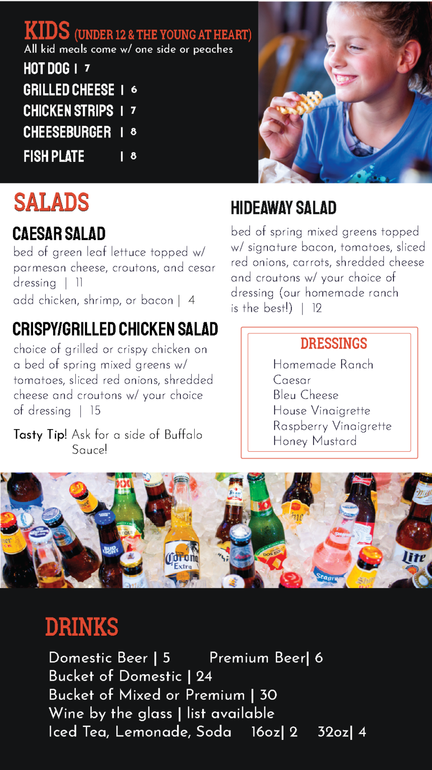 The Hideaway Menu Splashway Waterpark & Campground