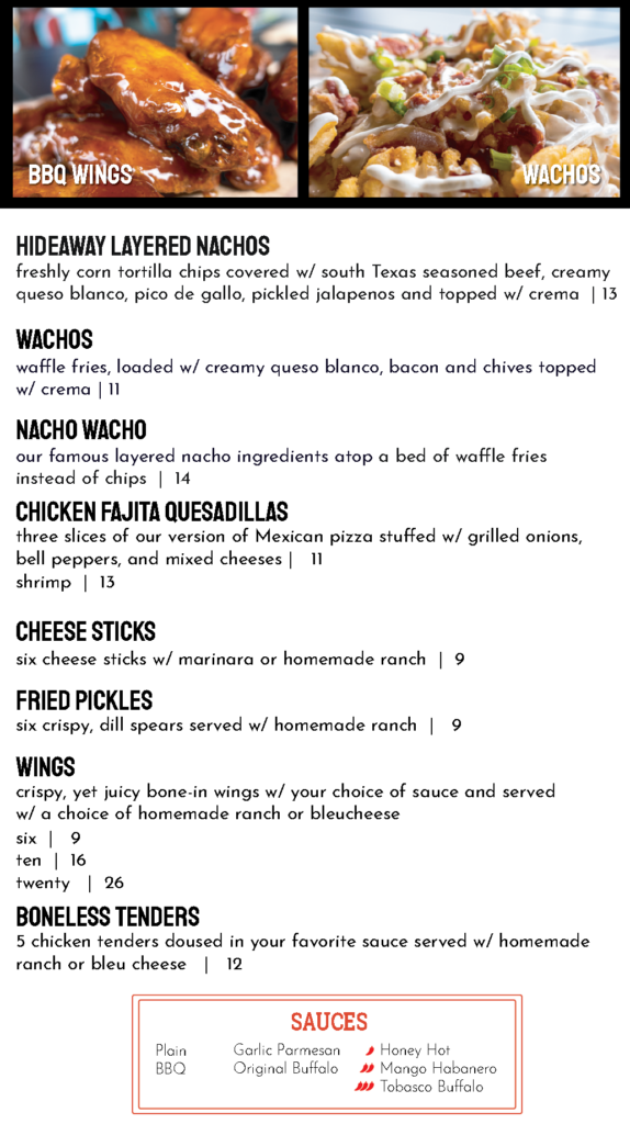 The Hideaway Menu Splashway Waterpark & Campground