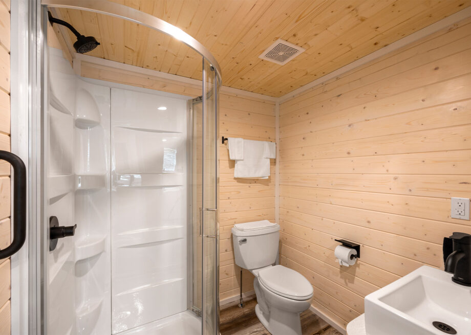 A compact bathroom features a corner shower with glass doors, a toilet, a sink, and wooden walls.