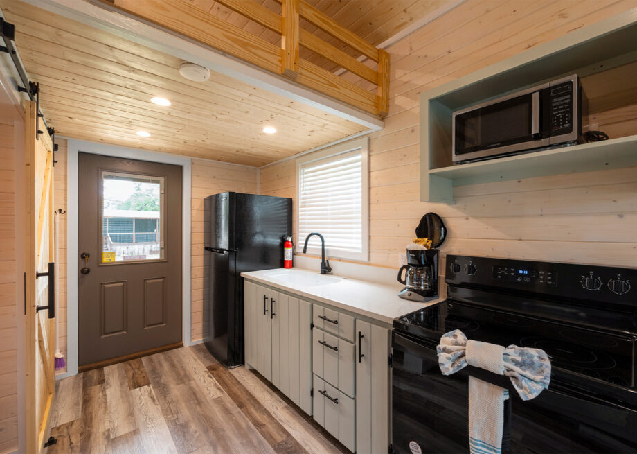 Kitchen area inside Creekside Cabins at Splashway Campground.