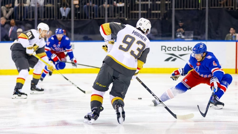 NEW YORK, NY - DECEMBER 07: Mitch Marner #93 of the Vegas Golden Knights sets up Brett Howden #21 of the Vegas Golden Knights for a goal during the first period of the National Hockey League game between the Vegas Golden Knights and the New York Rangers on December 7, 2025 at Madison Square Garden in New York, NY. (Photo by Joshua Sarner/Icon Sportswire)