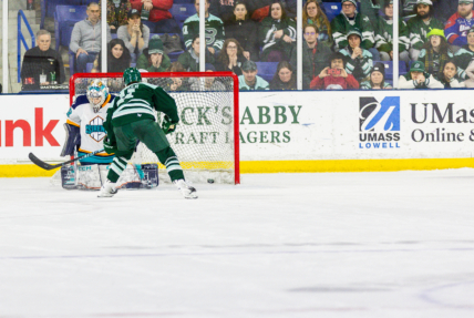 Boston Fleet forward Alina Müller scores the shootout game-winner against New York Sirens goalie Kayle Osborne.