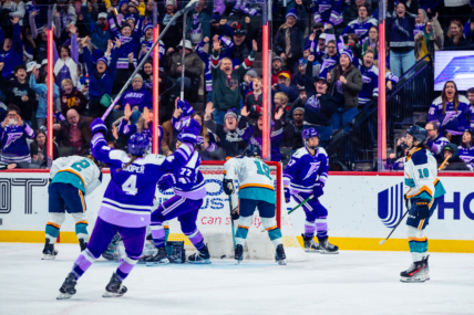 The Minnesota Frost celebrate after Taylor Heise opens the scoring against the New York Sirens with a backhand goal.
