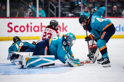 New York Sirens goalie Callie Shanahan covers up the puck against the Ottawa Charge.