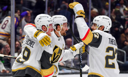 Vegas Golden Knights Mark Stone, Jack Eichel, and Shea Theodore celebrate scoring an overtime game-winning goal against the Los Angeles Kings 1/14/2026 (Photo/Screenshot- Vegas Golden Knights via Twitter)