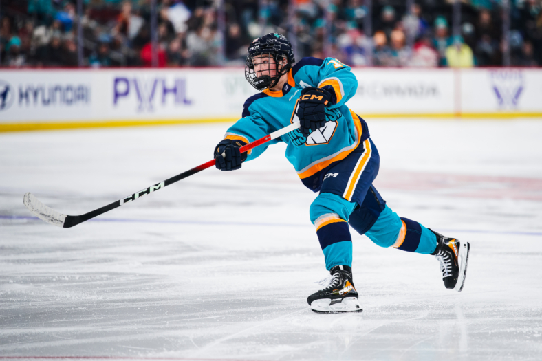 New York Sirens star forward Sarah Fillier fires a shot against the Ottawa Charge.