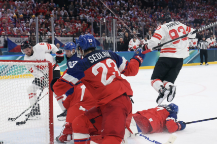 Mark Stone scores a goal for Team Canada against France at the 2026 Olympic Games (Photo/Screenshot- Vegas Golden Knights via Twitter)