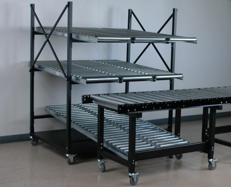 Stackbin Custom Projects Roller Flow Rack with Conveyable Work Tables