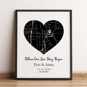 Where Our Love Story Began Black And White Map Framed Print
