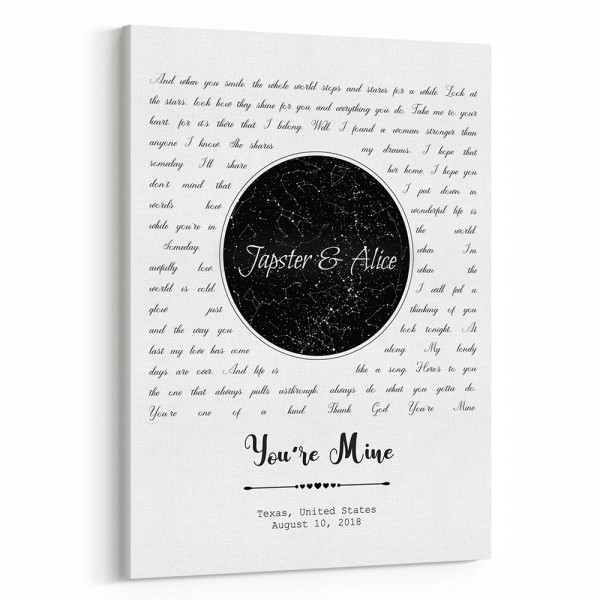 Custom Night Sky Star Map and Song Lyrics Canvas Print