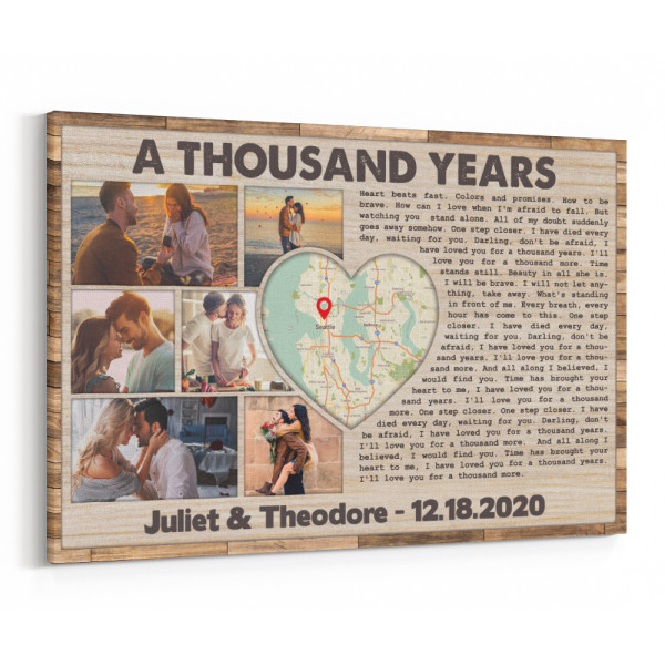 Custom Photo Map &amp; Song Lyrics Canvas Print - Wooden Pattern Design