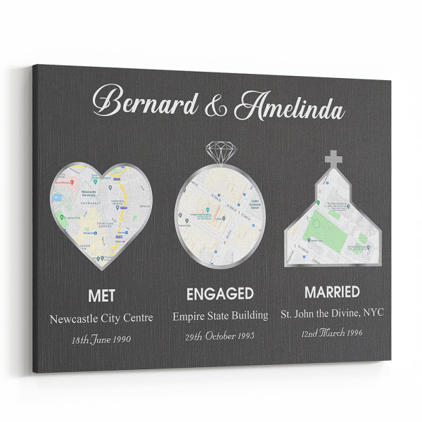 Met – Engaged – Married Custom Map Canvas Print