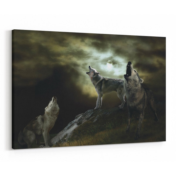 Wolves Howling At The Moon Canvas Wall Art