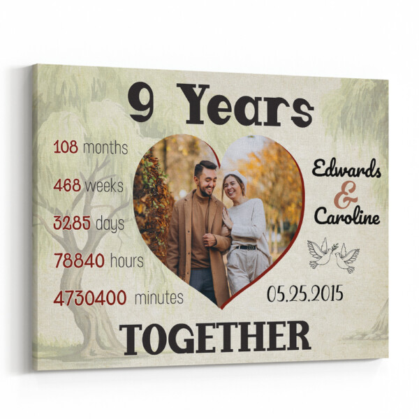 9 Years Together Heart-Shaped Custom Photo Canvas Print