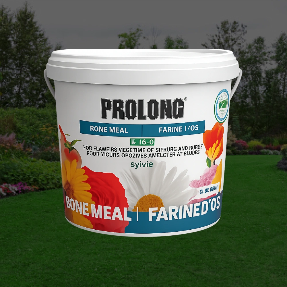 Prolong bone meal container with colorful flower graphics on a green background