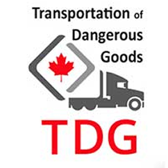 Logo for Transportation of Dangerous Goods featuring a truck and Canadian flag