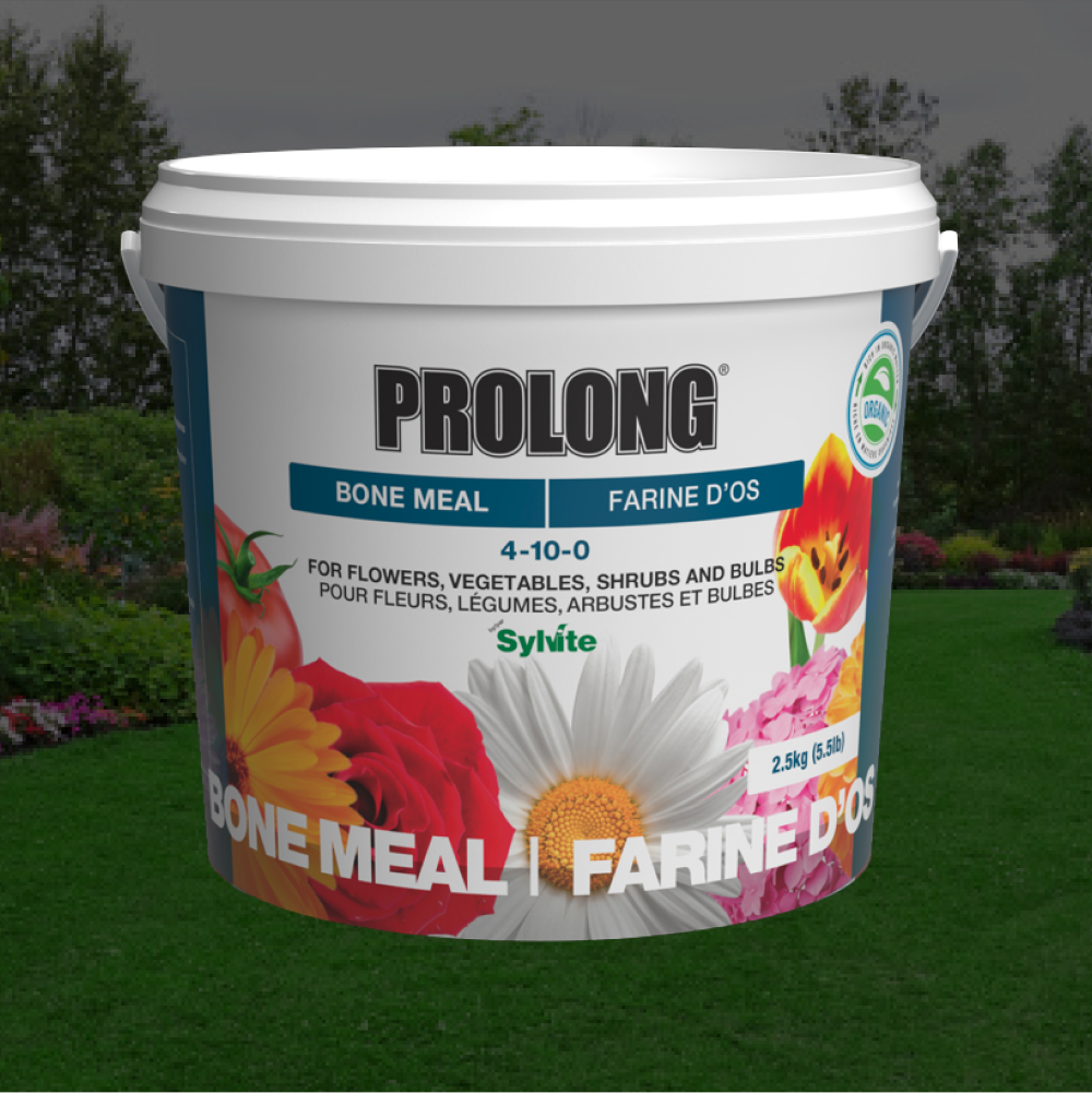 Prolong bone meal container with colorful flower graphics on a green background