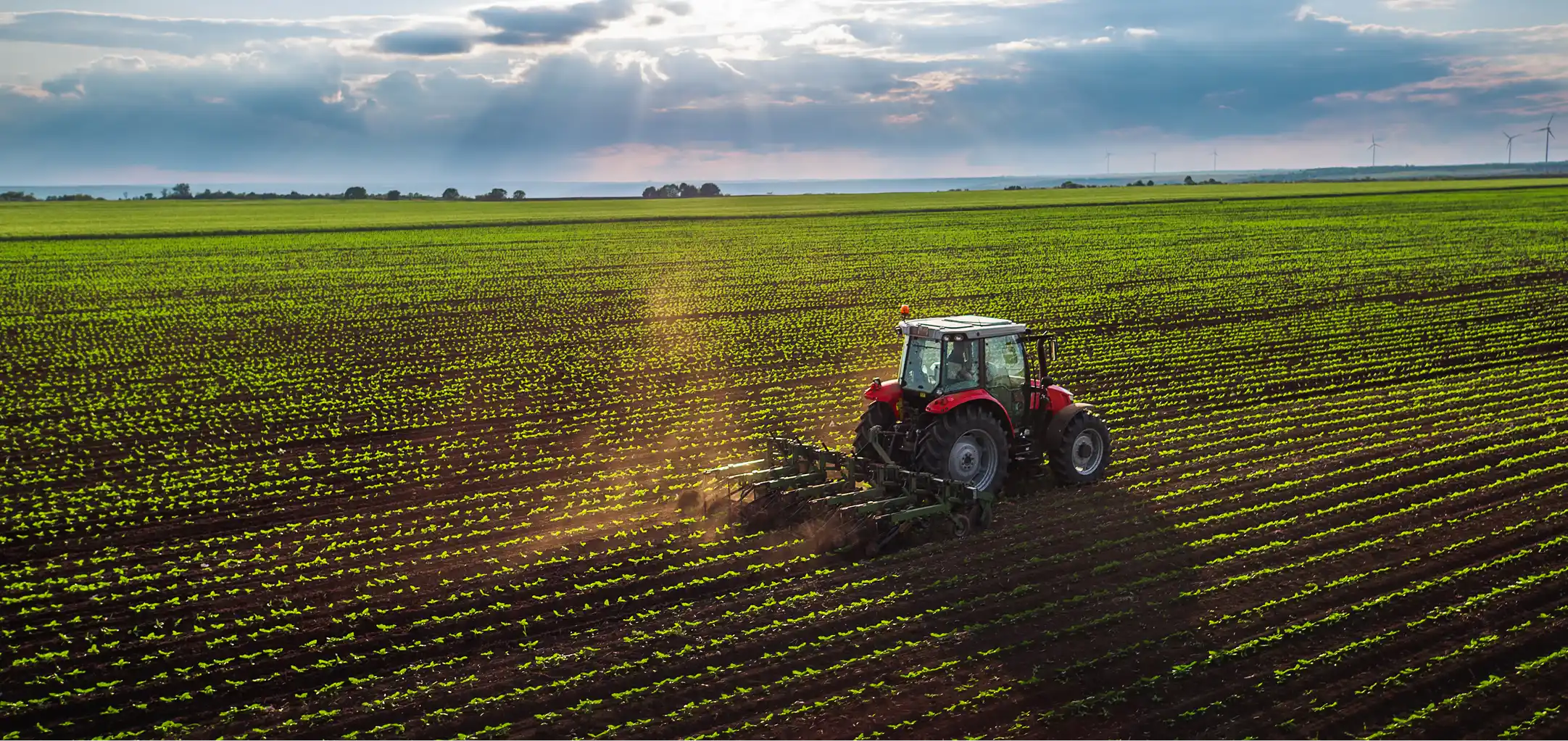 Tractor plowing a green field under a cloudy sky