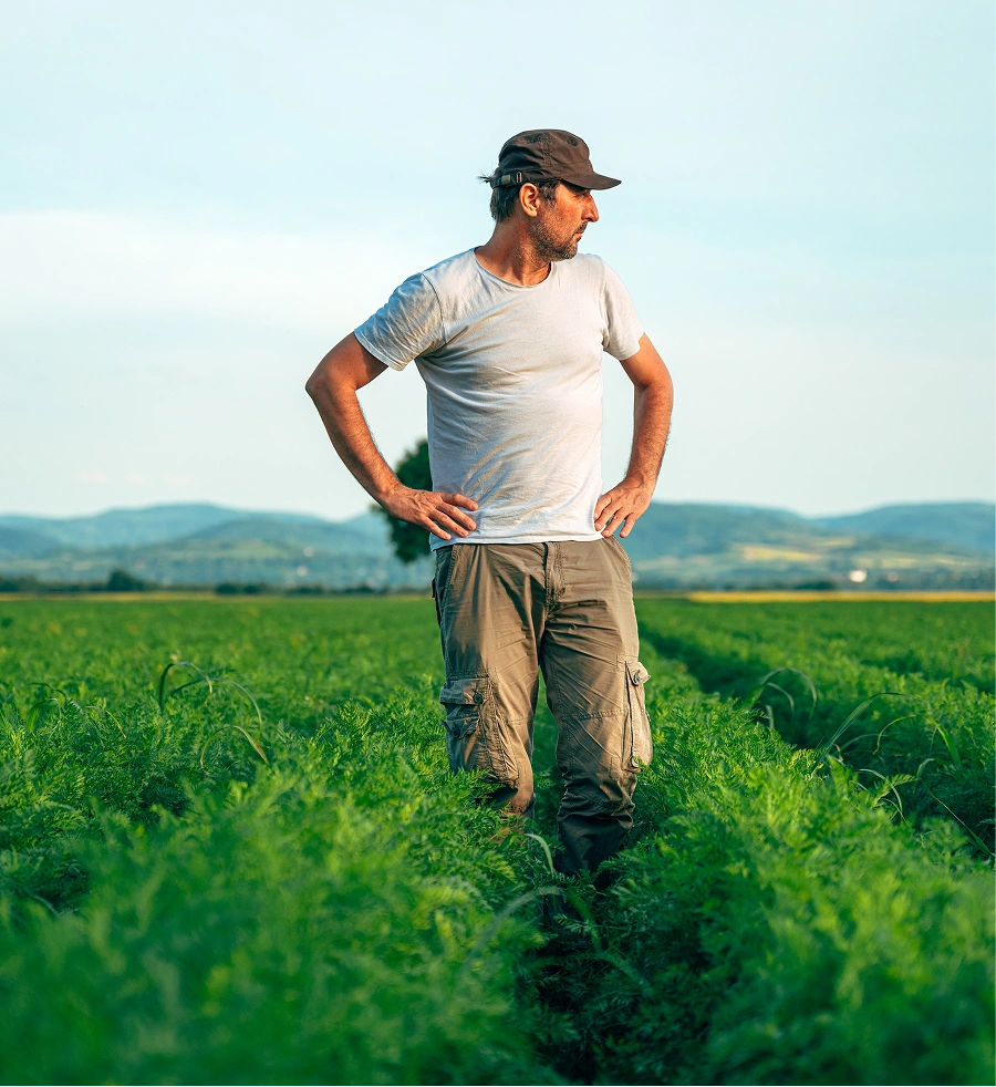 Man standing confidently in a green agricultural field with mountains in the background