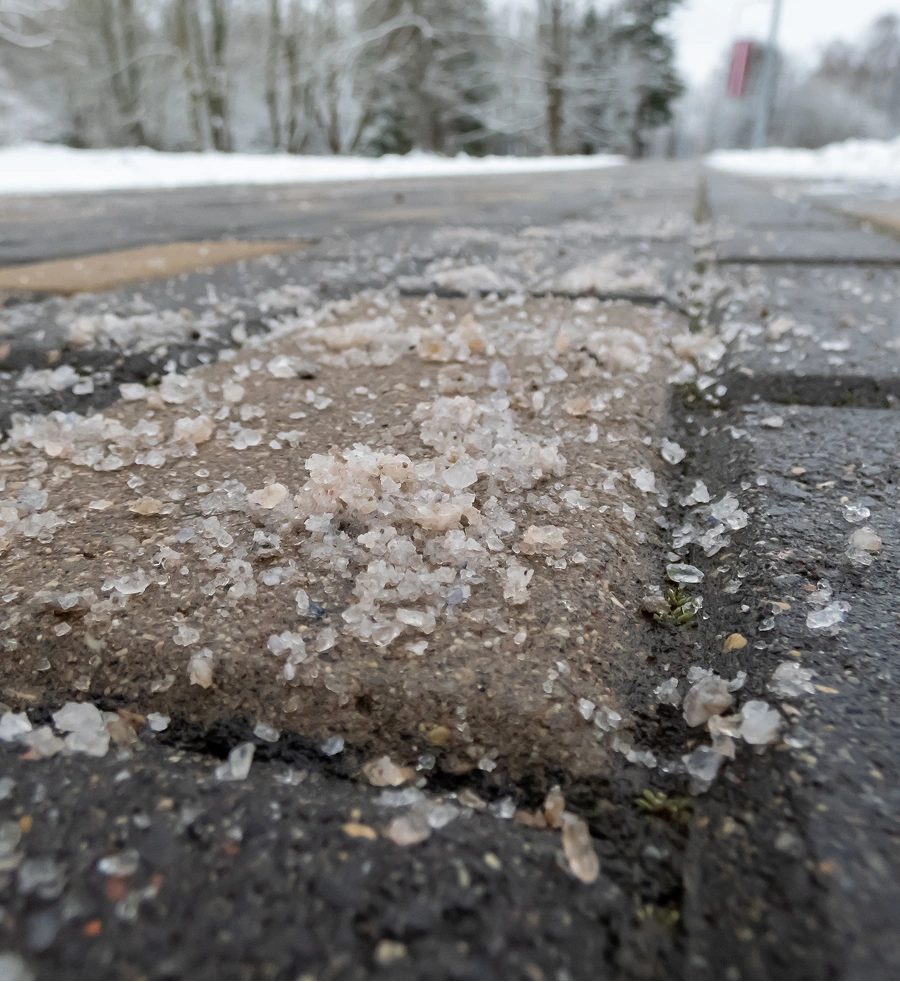 Ice melter granules scattered on a snowy pavement surface