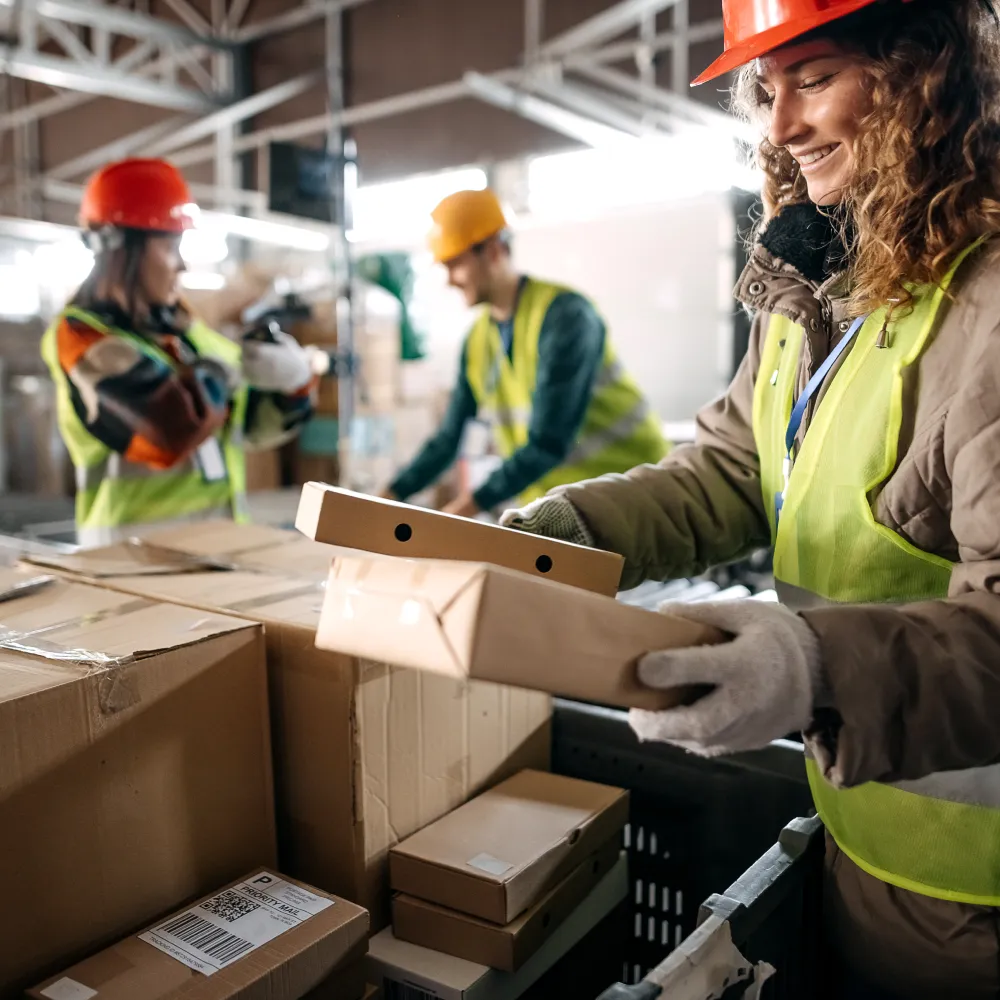 Workers in safety gear sorting packages in a warehouse setting