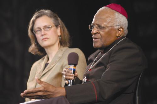 Nobel laureate Desmond Tutu, Archbishop Emeritus of Cape Town, speaks at the American Repertory Theatre yesterday. His speech was entitled “Goodness Triumphs Ultimately.”